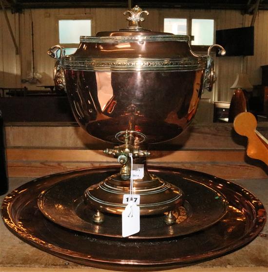 Copper urn and two trays
